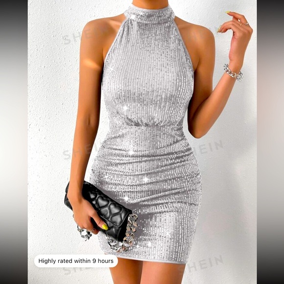 NEW🤍 Women’s High Wrap Aroune Neck Silver Sparkly Mini Dress Size Small - Picture 5 of 5